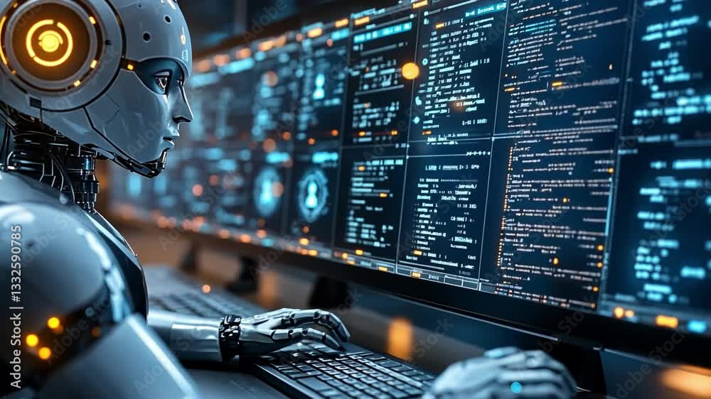 Poster a futuristic robot interacts with complex data displays in a high-tech control room setting