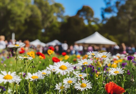 Beautiful vibrant wildflower meadow with daisies, colorful blooms, and blurred people background celebrating nature in a sunny outdoor event setting