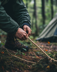  Camper securing tent with rope in forest setting