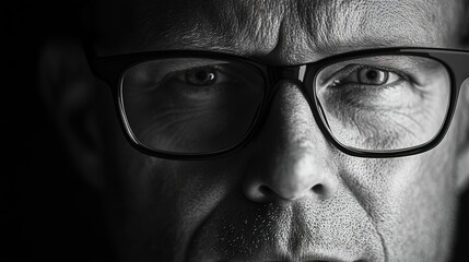 A close-up portrait of an intense man with glasses, captured in black and white, exuding confidence against the dark background. 