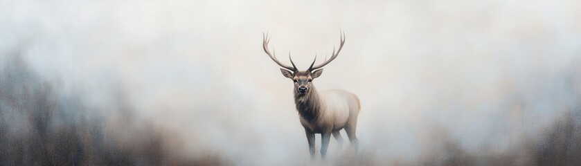 Fototapeta premium A majestic stag stands poised in a dark, misty forest, its textured horns merging into swirling strokes of black and silver. The atmosphere is soft-focus and surreal, evoking a sense of wonder