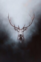 A striking stag steps out of a shadowy forest, its majestic form highlighted against swirling mist. The bold brushstrokes create an atmospheric, dreamlike quality in the artwork