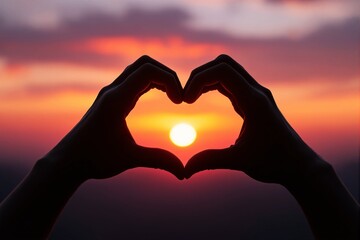 Obraz premium Hands forming heart shape with sunset in the background.