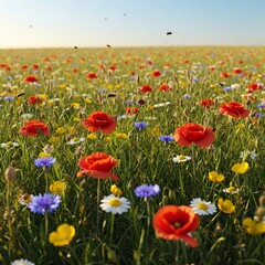 Obraz premium Here's a description and keywords:Description: A sunlit meadow filled with vibrant red poppies, blue cornflowers, and white daisies, with bees flying above, creating a serene and natural summer scen