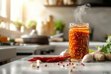 A glass jar thats tall and thin of Indian tiki sauce is on the counter