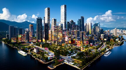 Naklejka premium Aerial view of vibrant cityscape with modern skyscrapers, colorful buildings, and waterfront park.