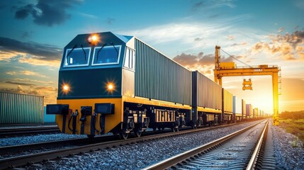 Freight train transporting cargo at sunset industrial railway photograph open landscape side view logistics and transportation concept