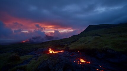 Fototapeta premium Ethereal Volcanic Landscape under a Dramatic Sky, with fiery Lava flow