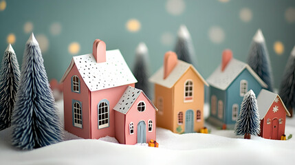 Paper-Cut Christmas Village with Cozy Houses and Pine Trees