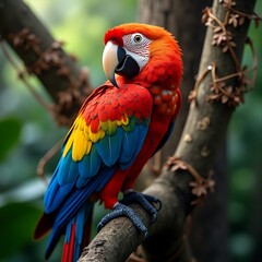 A vibrant parrot perched on a tropical tree branch, surrounded by lush greenery and colorful flowers, with a bright blue sky in the background.