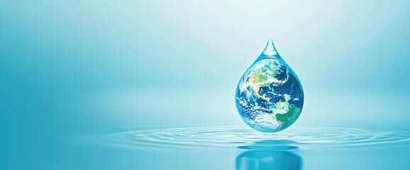 Fototapeta premium A transparent water droplet encasing Earth floats above rippling water, symbolizing global water conservation. Ideal for World Water Day, sustainability campaigns, and environmental awareness