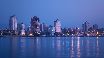 Obraz premium A modern city skyline at dusk with glowing skyscrapers.Chania, Crete. Beautiful Greece and best scenic places - panorama of picturesque old Venetian Harbor in town of Chania. Crete, Greek Islands. Bea
