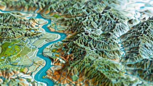 Detailed topographical relief map showing meandering river through mountainous terrain, with elevation changes depicted in vibrant greens and earth tones, captured in tilt-shift style