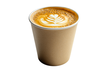 Latte art in paper cup isolated on black backdrop, cut out transparent