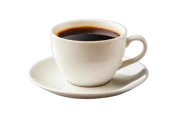 Coffee cup with saucer full of black coffee, cut out transparent
