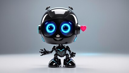 A shiny black cartoon robot with blue glowing eyes waves with one hand, a pink heart floats near its head.