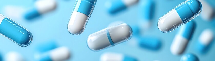 Blue and white capsules floating in midair against a light blue background