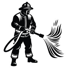 Firefighter in full gear silhouette vector illustration design, Firefighter Silhouette Holding Hose Vector Graphic Essential Emergency Response