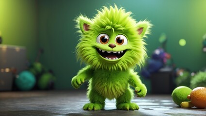 Bright green, fuzzy cartoon monster.