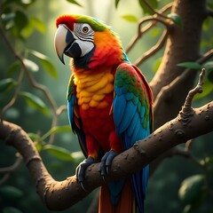 A vibrant parrot perched on a tropical tree branch, surrounded by lush greenery and colorful flowers, with a bright blue sky in the background.