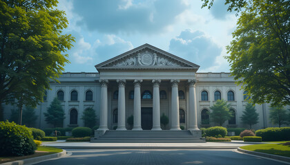 Obraz premium Historic Neoclassical Building in Urban Cityscape During Serene Sunset