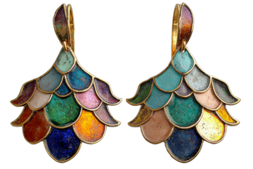 Vintage multicolored earrings with enamel scale texture, cut out transparent