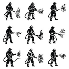 Firefighter in full gear silhouette vector illustration design, Firefighter Silhouette Holding Hose Vector Graphic Essential Emergency Response