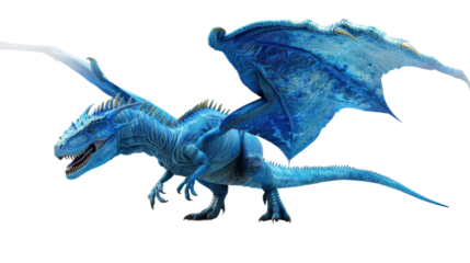 Blue ice dragon spreading its wings on transparent background