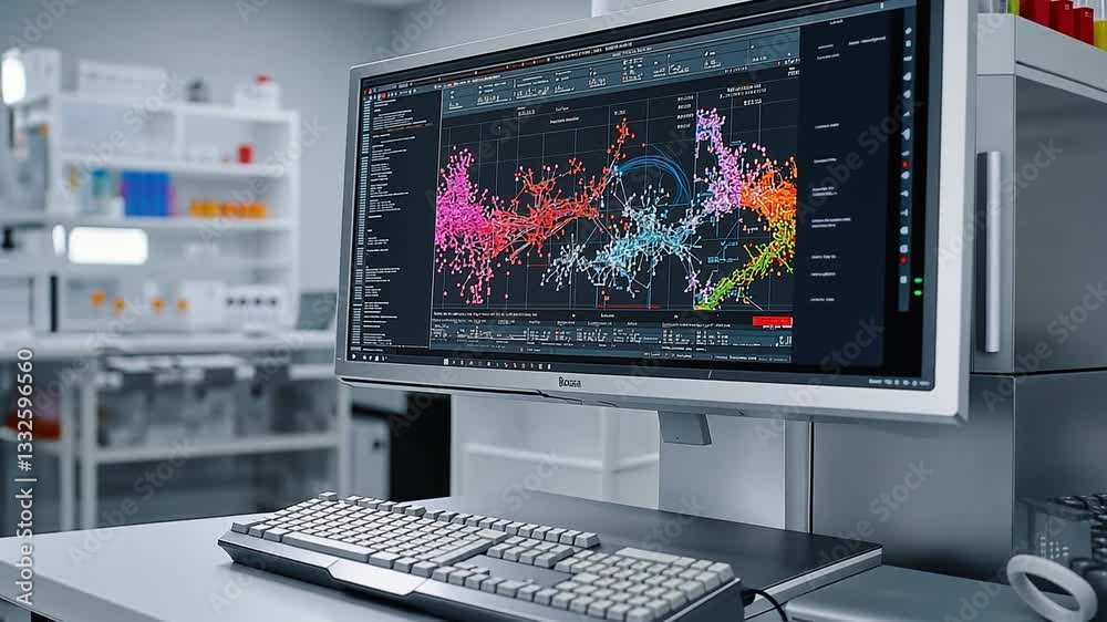 Poster advanced biocomputer visualizing complex data in a modern laboratory setting