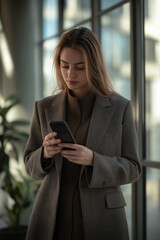 Fototapeta premium Confident businesswoman using a smartphone while working at a modern office. Professional female entrepreneur managing tasks, communicating, and staying productive.