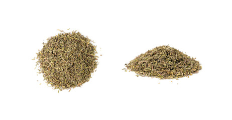Dry thyme isolated, dried marjoram, oregano pile, ground crushed thyme seasoning, thyme leaves
