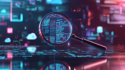 Magnifying glass enlarging keywords on desktop screen, surrounded by icons symbolizing research, ideas, search, writing, cloud, AI Generative