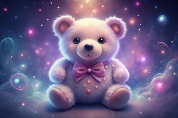 A Dreamy Pastel Teddy Bear, Adorned With A Pink Bow, Sits Serenely Amidst A Magical, Sparkling Cosmos Soft Light And Pastel Colors Create A Whimsical, Enchanting Scene