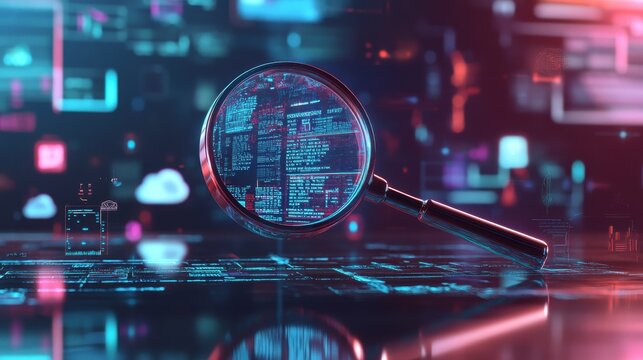 Magnifying glass enlarging keywords on desktop screen, surrounded by icons symbolizing research, ideas, search, writing, cloud, AI Generative