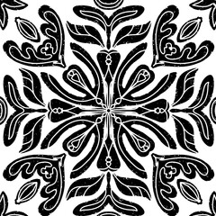 Intricate black pattern with symmetrical ornamental pattern in linocut style. Grunge texture tile shape. vector element