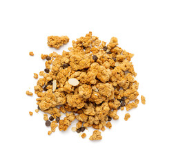 Granola Pile Isolated, Cereal Breakfast with Almonds and Chocolate Chips, Seeds and Oat Flakes