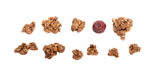 Chocolate Brownie Granola Pile Isolated, Cocoa Muesli, Crunchy Cereals, Oatmeal with Dried Cherries