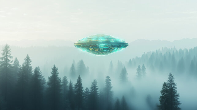 Futuristic UFO with glowing circuitry hovering over misty forest
