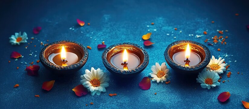 Happy Diwali banner with three burning oil lamps, diya or diva lights, on a blue background with copy space for text and flower decoration.