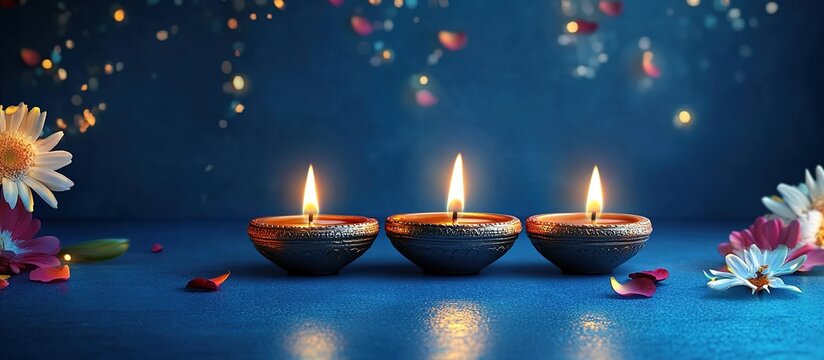 Happy Diwali banner with three burning oil lamps, diya or diva lights, on a blue background with copy space for text and flower decoration.