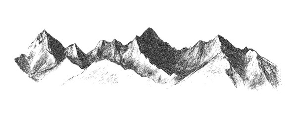 Vintage-style snowy hills with grainy noise, abstract dotted mountain range and pointillist grunge texture overlay. Mounted landscape in retro halftone vector illustration.