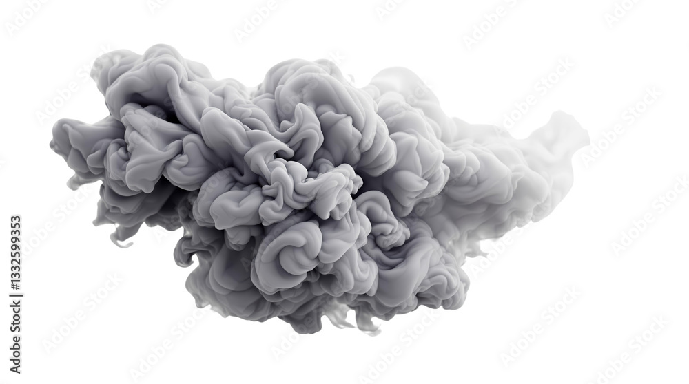 Poster swirling gray ink smoke cloud isolated on white background, forming abstract shapes and textures. co