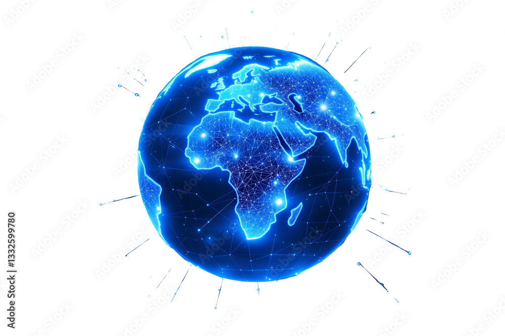 Poster Digital glowing globe with network connections, blue futuristic design on a white background. Concept of global communication and technology. Ai generative