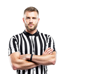 Confident male referee in striped uniform crossing arms, isolated on white background. Sports official concept. Ai generative