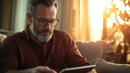Middle aged man with glasses using a digital tablet relaxing at home during sunset