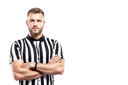 Confident male referee in striped uniform crossing arms, isolated on white background. Sports official concept. Ai generative - Powered by Adobe