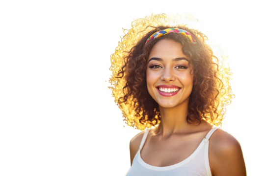Happy woman with curly hair, colorful headband, and white top, smiling brightly against a light background. Ai generative - Powered by Adobe