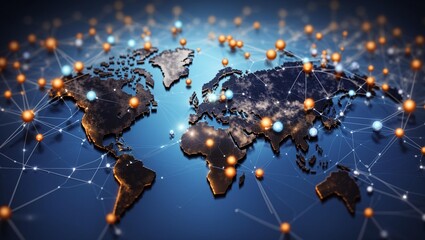 A stylized earth is overlaid with network lines and gold node points, representing global communication. This image is used to represent the 'Global communication network concept'.