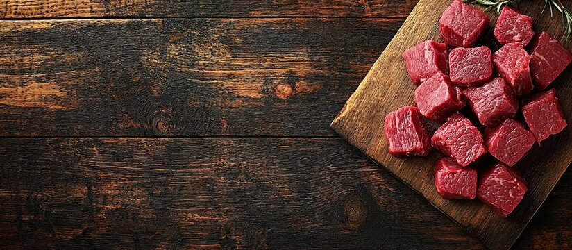 Beef fillet cubes on a wooden board over a dark, rustic background with copy space, top view. High-quality photo of raw meat for cooking.