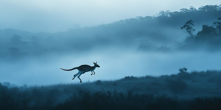 Powerful male kangaroo mid hop through a misty mountain ridge morning fog rolling over the rugged terrain shot at 12000s shutter speed to freeze motion the distant horizon fading into blue hues
